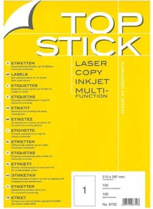 TOPSTICK LABELS ΕΤΙΚΕΤΕΣ ΓΙΑ ΕΚΤΥΠΩΣΗ ΛΕΥΚΕΣ ΑΥΤΟΚΟΛΛΗΤΕΣ A4 (21x29,7cm) 8720