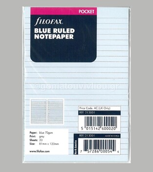 FILOFAX POCKET (08.1x12cm ) ΑΝΤΑΛΛΑΚΤΙΚΟ BLUE RULED NOTEPAPER (ΜΠΛΕ ΡΙΓΕ ΦΥΛΛΑ ΣΗΜΕΙΩΣΕΩΝ) 213001