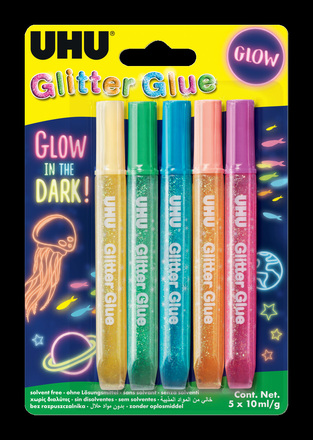 UHU ΣΕΤ ΚΟΛΛΕΣ GLITTER GLUE GLOW IN THE DARK 5τεμ ΤΩΝ 10ml 48210